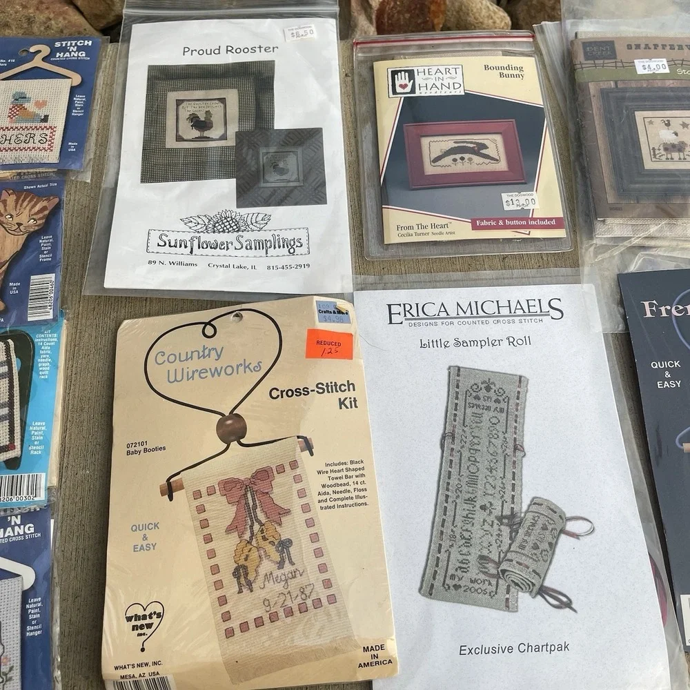 Vintage Cross Stitch Kit Lot Of 12 Mini Kits Some Framed Aida Cloth Instructions